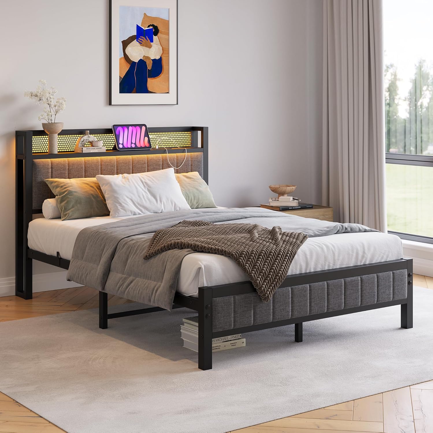 Double Bed Frame with Wooden Storage Headboard,Charging Station,LED Lights,Metal Platform Upholstered Bed Frame Double Bed with Strong Metal Slats No Box Spring Needed,Under Bed Storage,Grey