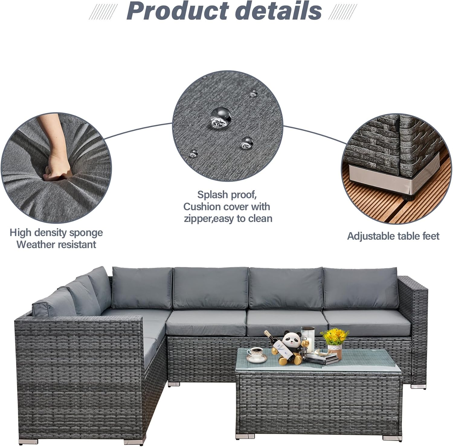 6 Seater Rattan Corner Sofa Set Rattan Garden Furniture Set All-Weather PE Rattan Wicker Patio Conversation Set with Modern Glass Coffee Table and Washable Cushions (Gray)
