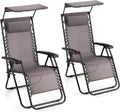 Chairs with Canopy Set of 2 - Grey Reclining Sun Loungers for Garden - Textilene Folding Sunloungers with Adjustable Sun Shade - 2 Set Deck Chairs for Outdoor