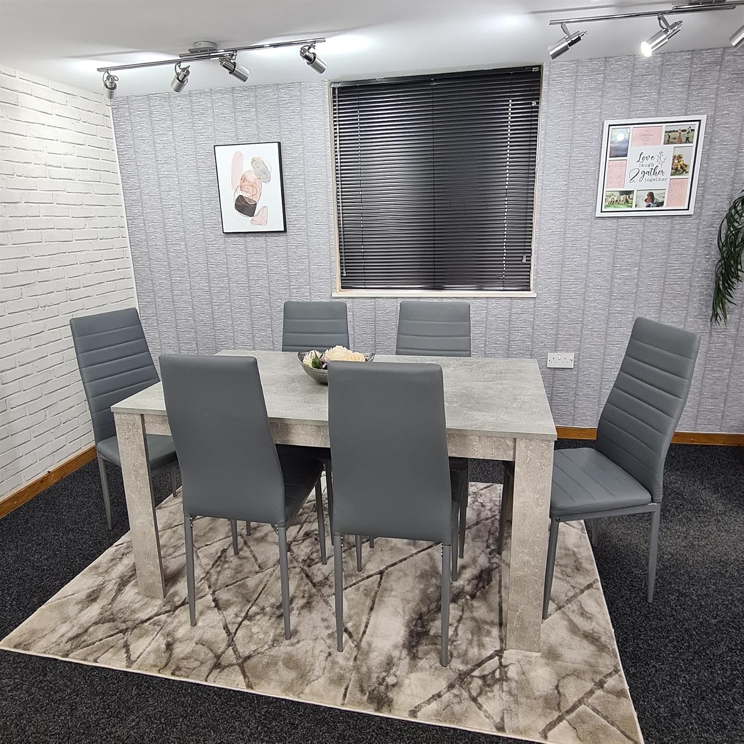 Dining Table and Chairs Set - Light Grey Kitchen Table with 6 Grey Faux Leather Dining Chairs - Modern 6 Seater Kitchen Room Furniture Set with Sturdy Legs - 117 x 77 x 75 cm