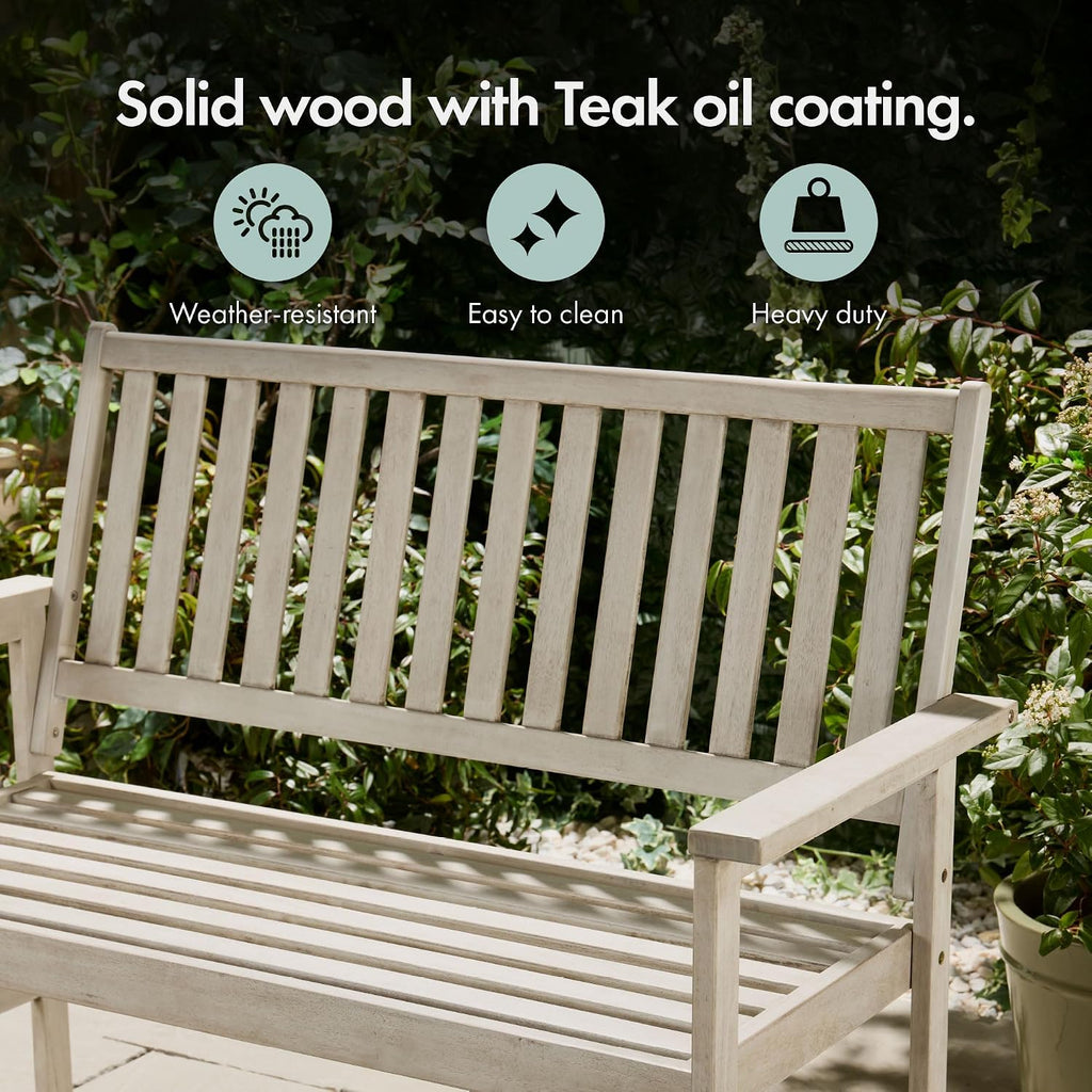 Grey Garden Bench 2 Seater - Acacia Hardwood Outdoor Bench with Armrests &amp; Teak Oil Coating - Wooden Garden Seating for 2 People for Patio &amp; Terrace - Weather Resistant - Murcia