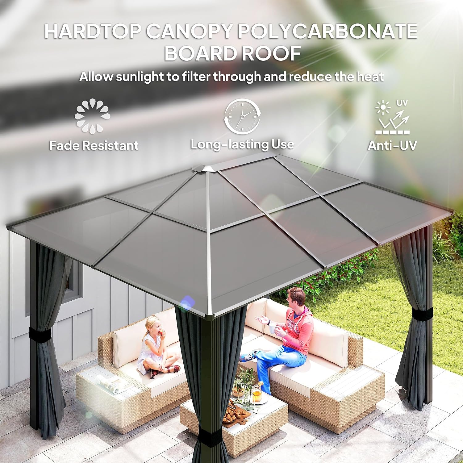3 x 3.6m Hardtop Gazebo with UV Resistant Polycarbonate Roof &amp; Aluminium Frame