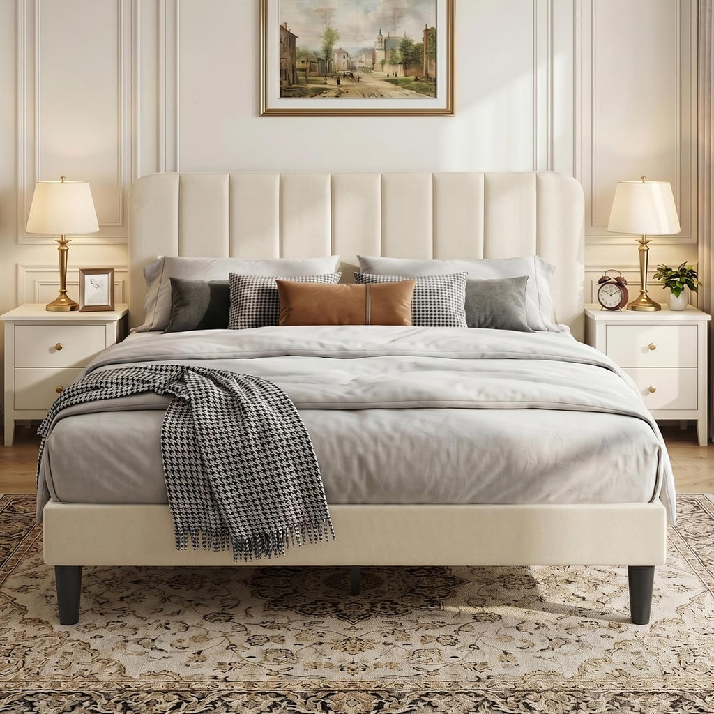 Double Bed Frame with Velvet Headboard