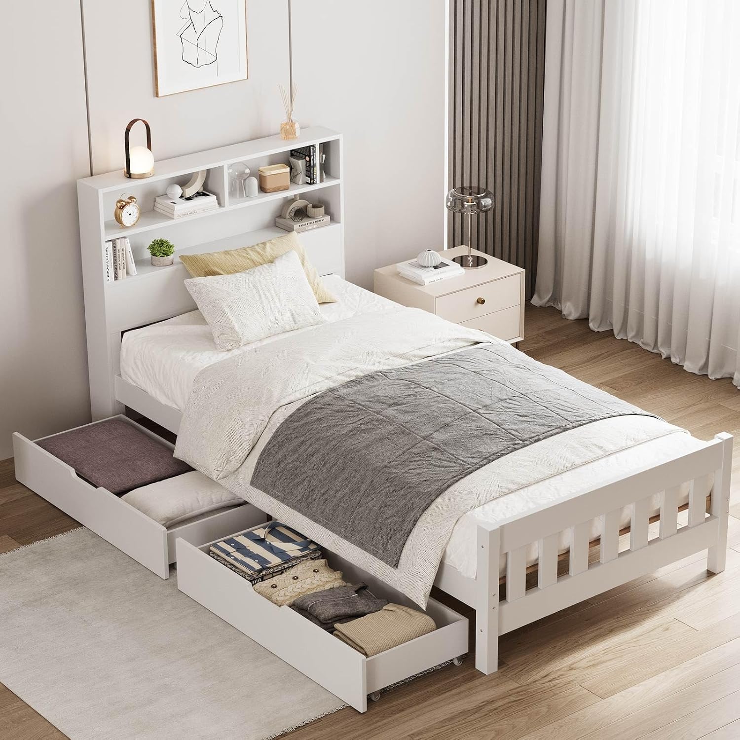 Wooden Solid Bed Frame with Drawers
