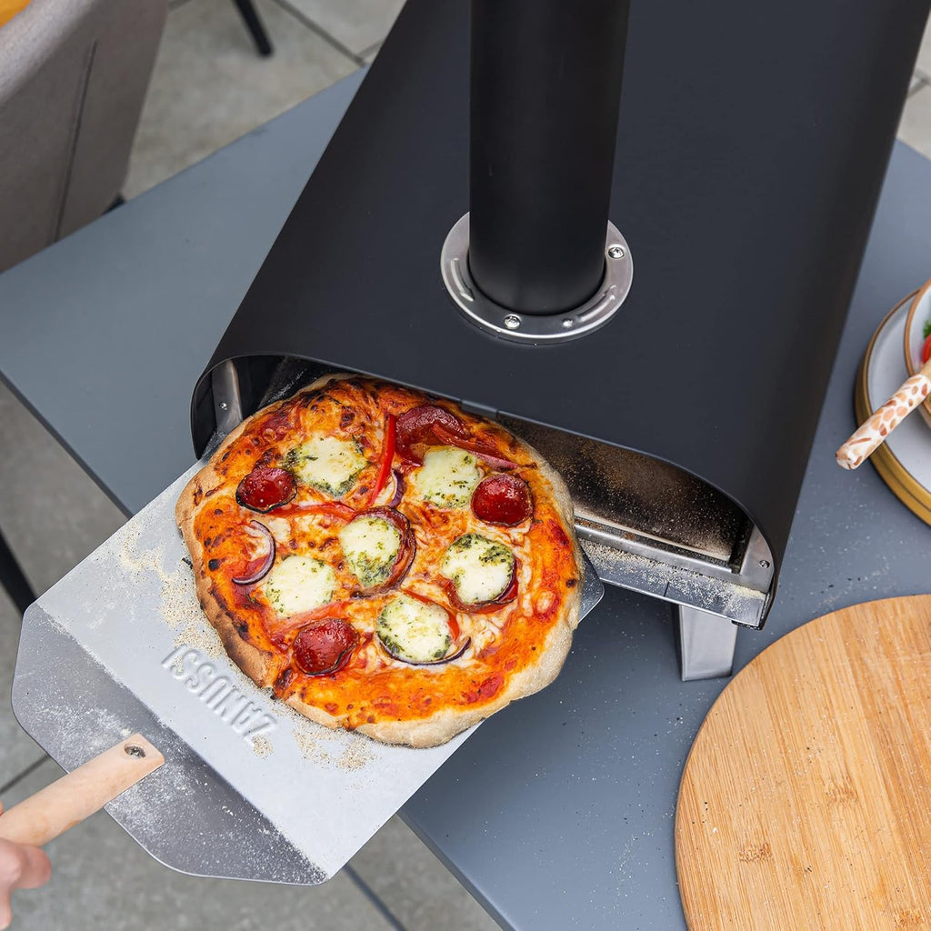 ZPO1BPC Outdoor 12 Inch Wood Pellet Portable Wood Fired Pizza Oven with Paddle and Cover in Black