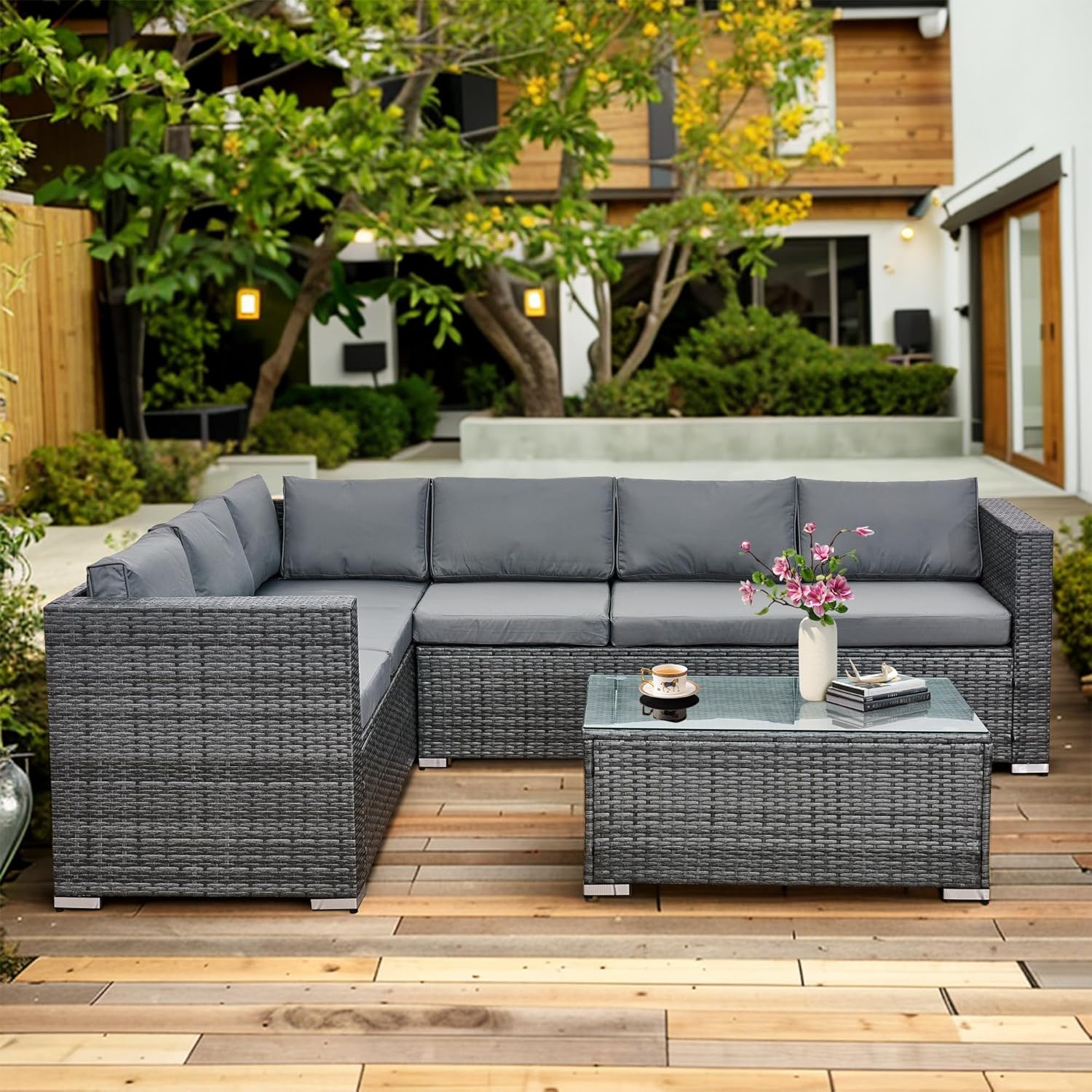6 Seater Rattan Corner Sofa Set Rattan Garden Furniture Set All-Weather PE Rattan Wicker Patio Conversation Set with Modern Glass Coffee Table and Washable Cushions (Gray)