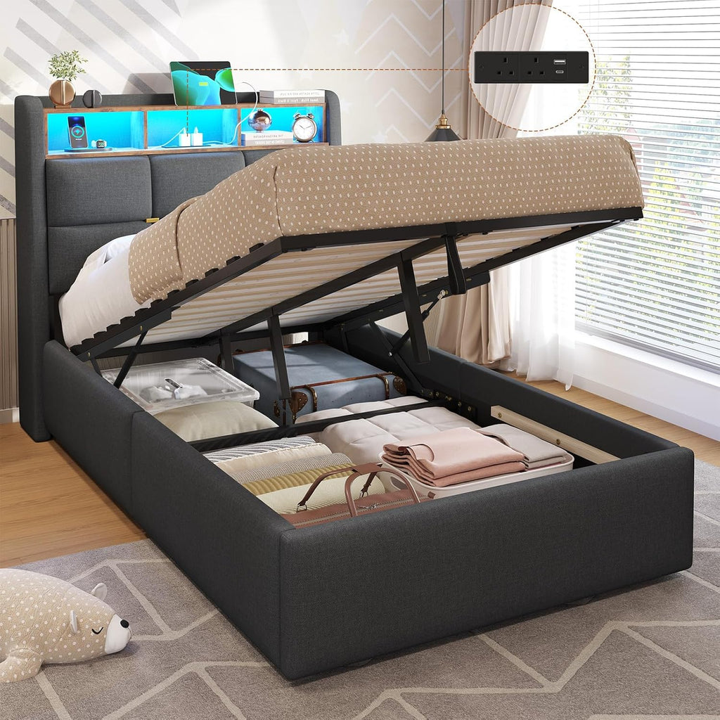 Single Bed Frame with Hydraulic Storage and Charging Station 3ft Upholstered Ottoman Lift Up Storage Bed with Headboard and Led Light,90x190 Platform bed with Solid Wood Slats,Grey(No Mattress)