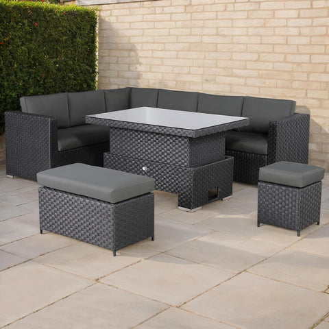 Rattan Rattan Corner Sofa Set Rattan Garden Furniture Set Patio Corner Sofa Set with Rising Table and Washable Cushions (black