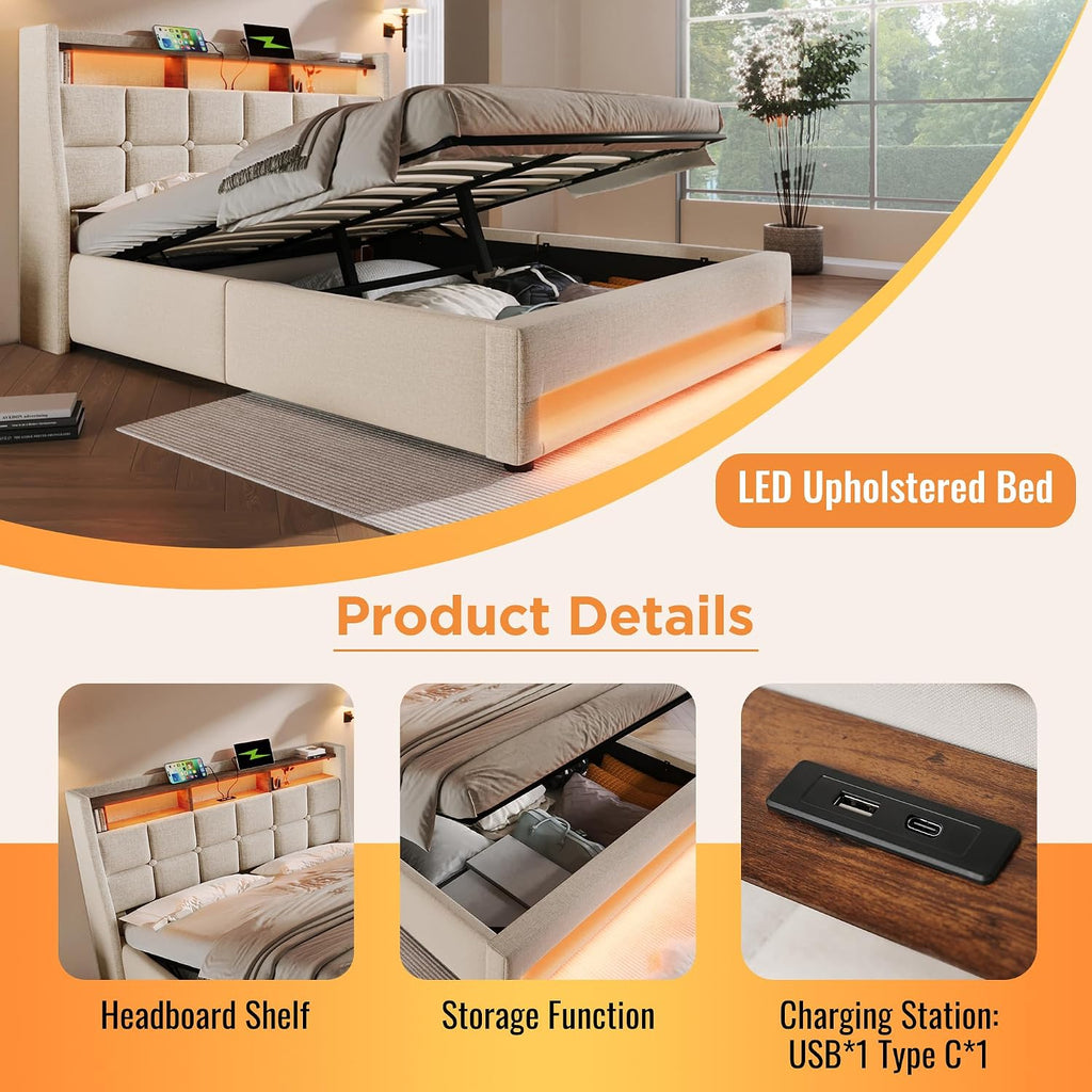 4ft6 Double Bed Frame with Hydraulic Lift&amp;LED Storage Headboard