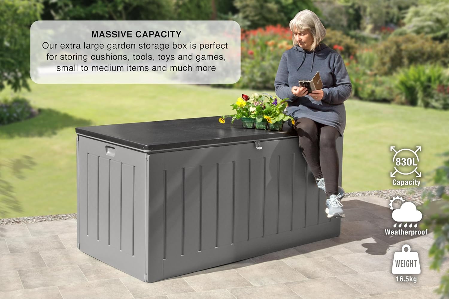 Garden Store Direct 830L/220 Gallon MASSIVE Capacity Outdoor Garden Storage Box Plastic Shed - Weatherproof &amp; Sit On with Wood Effect Chest (830 Litre