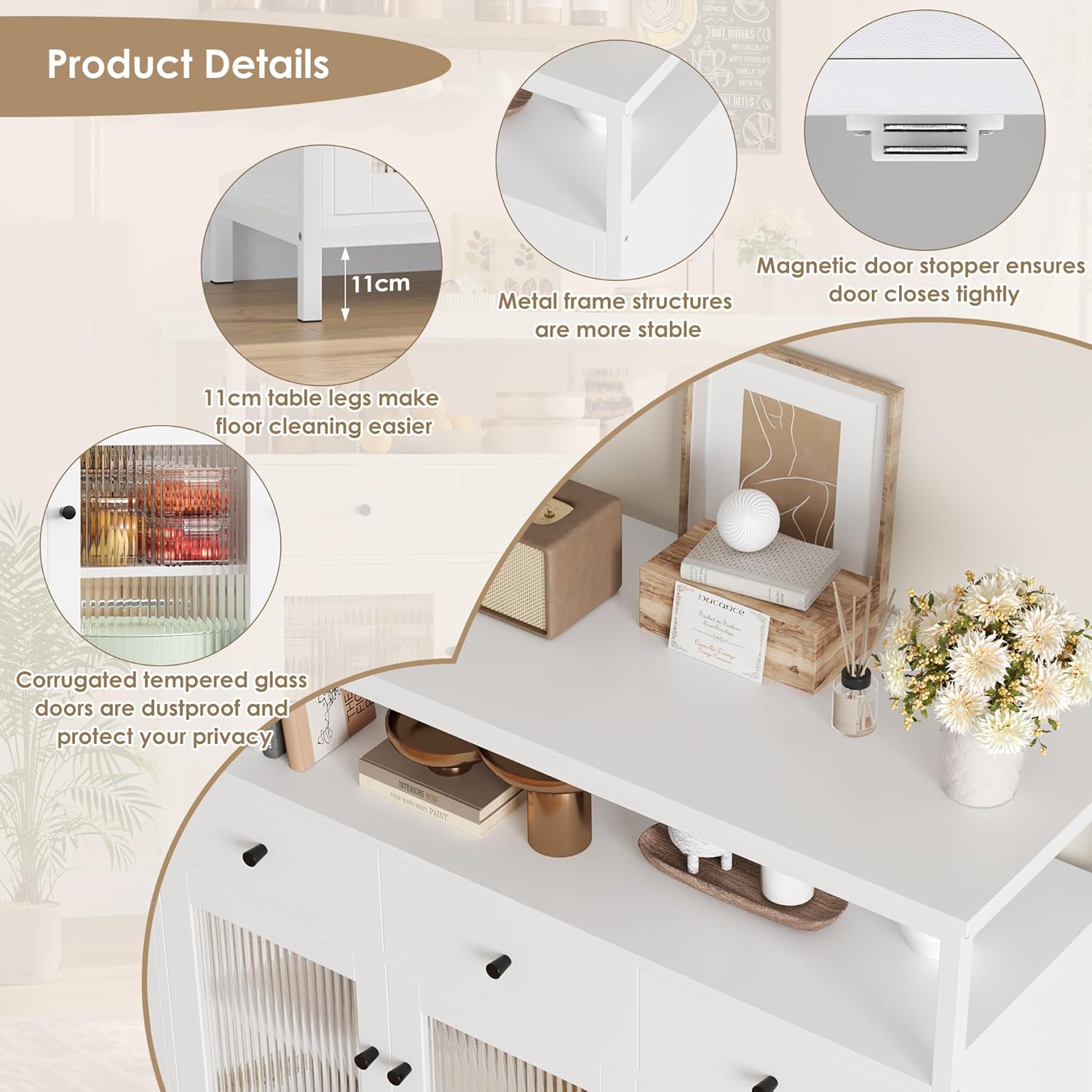 White Sideboard Storage Cabinet Kitchen Sideboard Buffet Cabinet with 3 Glass Doors 3 Drawers and Adjustable Shelves for Living Room Dining Room