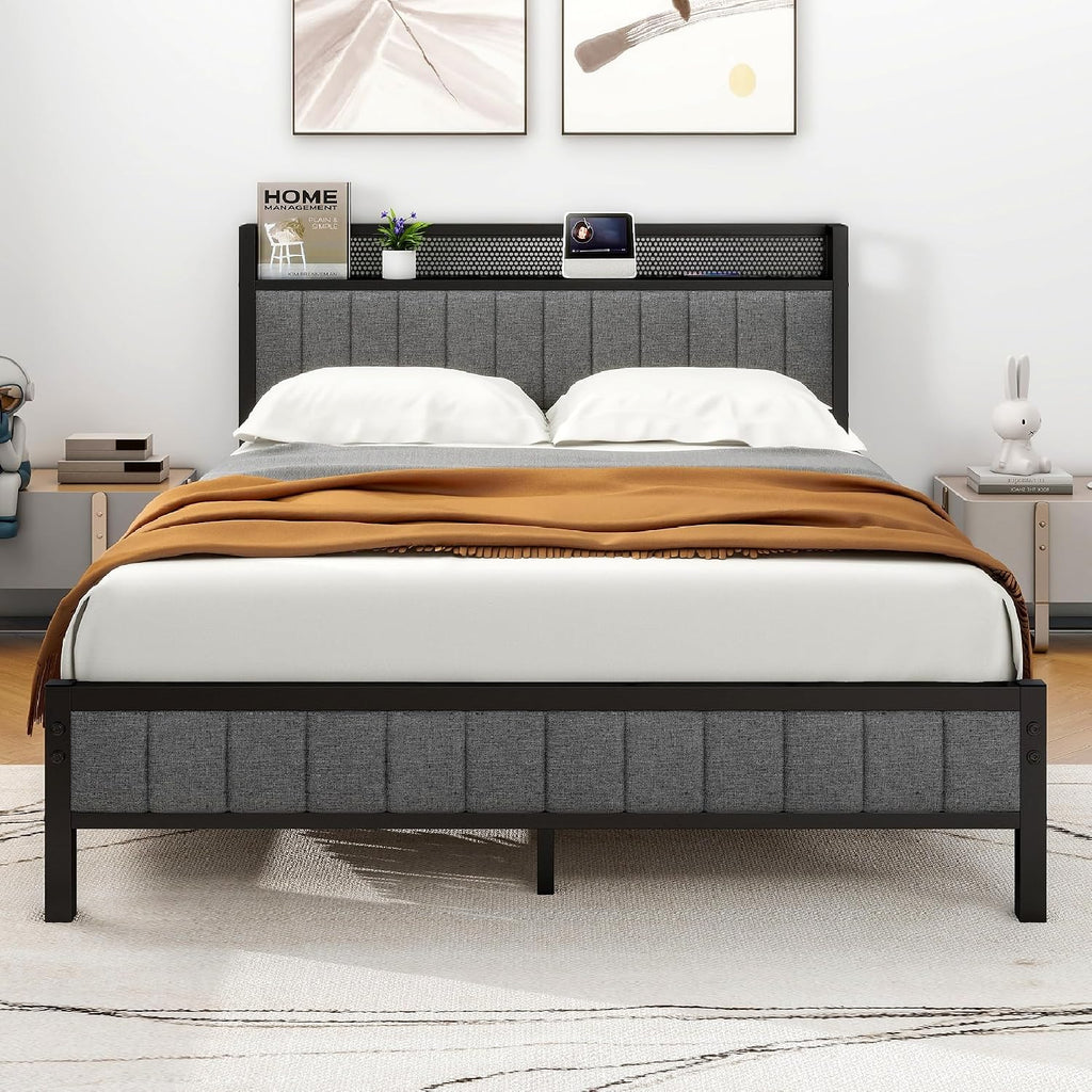 King Size Bed Frame with Storage and Headboard Shelf