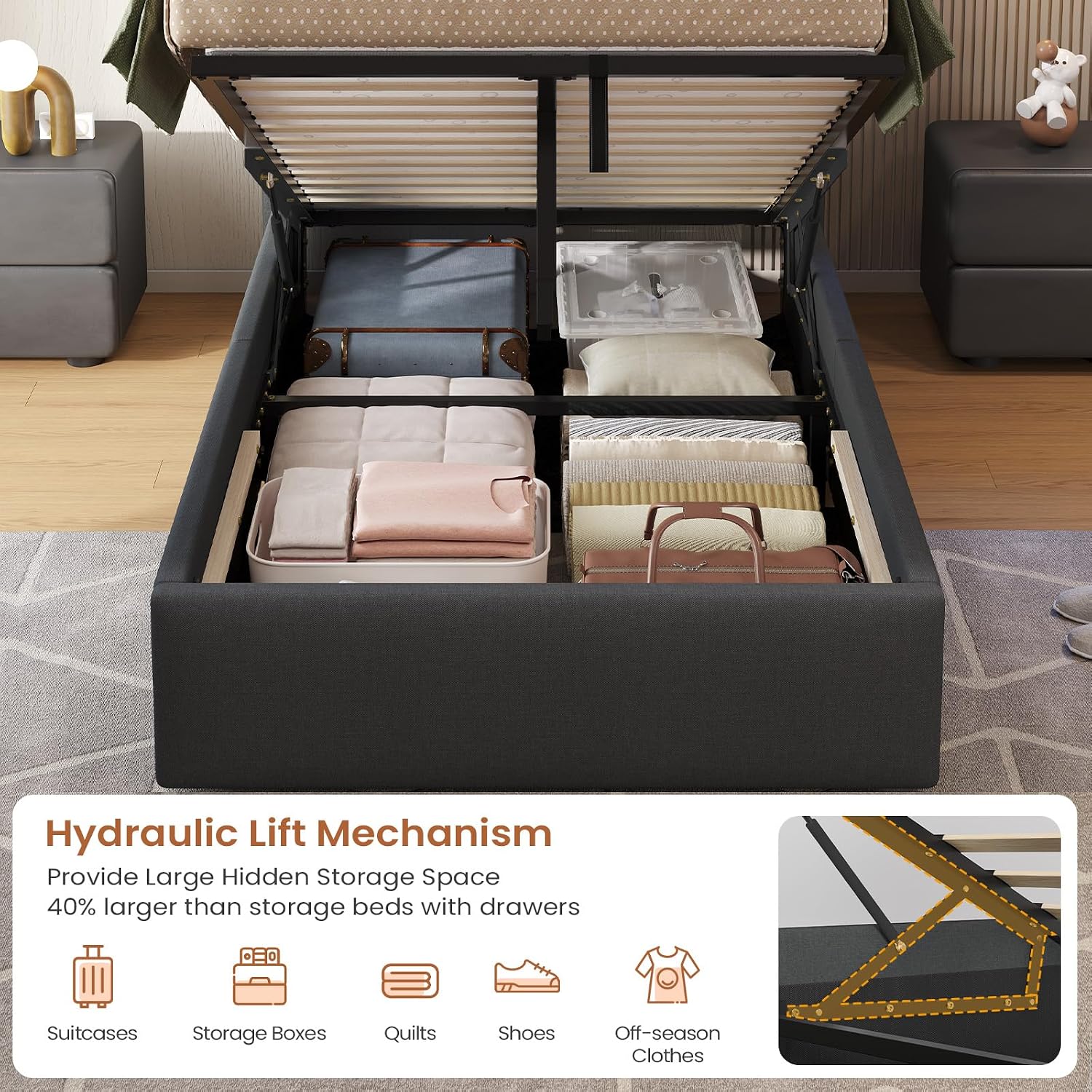 Single Bed Frame with Hydraulic Storage and Charging Station 3ft Upholstered Ottoman Lift Up Storage Bed with Headboard and Led Light,90x190 Platform bed with Solid Wood Slats,Grey(No Mattress)