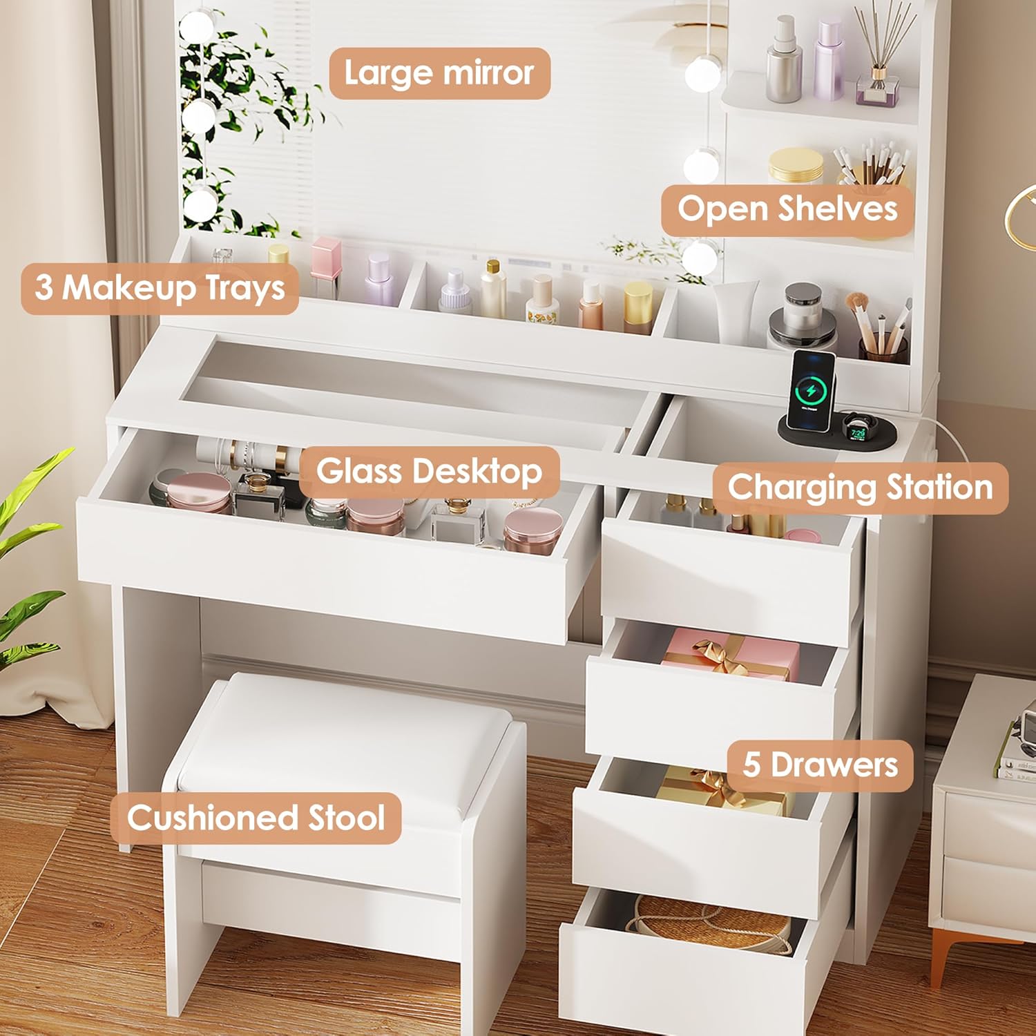 Dressing Table with Large Mirror and Lights 3-Colour LED Adjustable Brightness Glass Top Vanity Table with Plug and Stool 5 Drawers 5 Open Storage Areas Makeup Desk Bedroom White YBDT74W