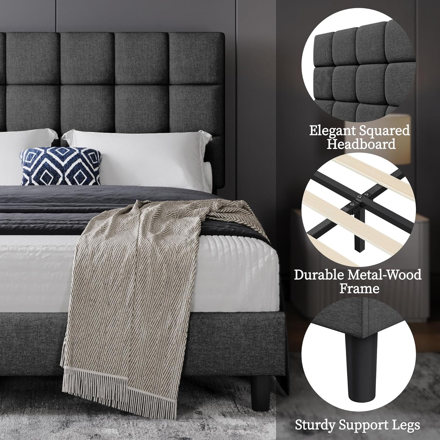 4ft6 Double Bed Frame Upholstered Platform Bed with Adjustable Square Tufted Headboard/Linen Fabric/Sturdy Wooden Slat Support/No Box Spring Needed