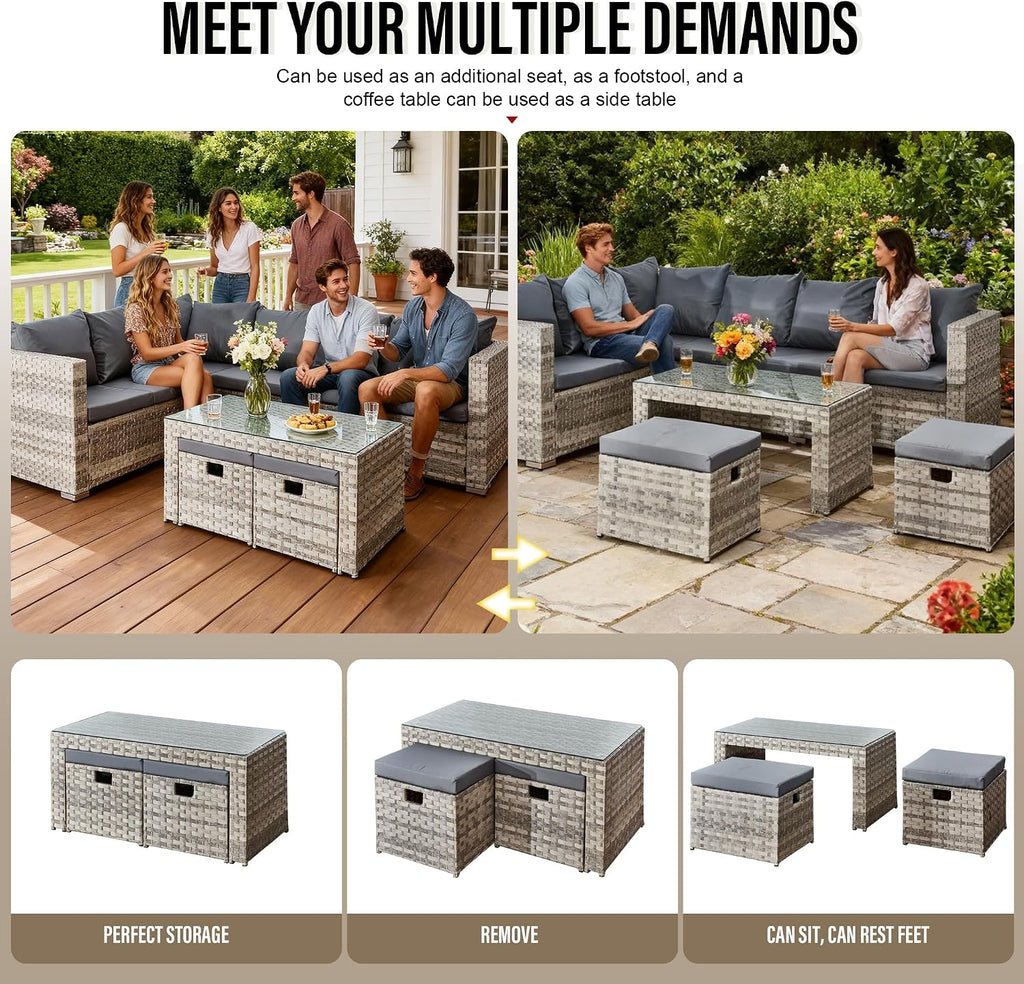 8-Seater L-Shaped Rattan Corner Sofa Set - All-Weather Wicker Outdoor Patio Garden Furniture with 2 Storage Ottomans
