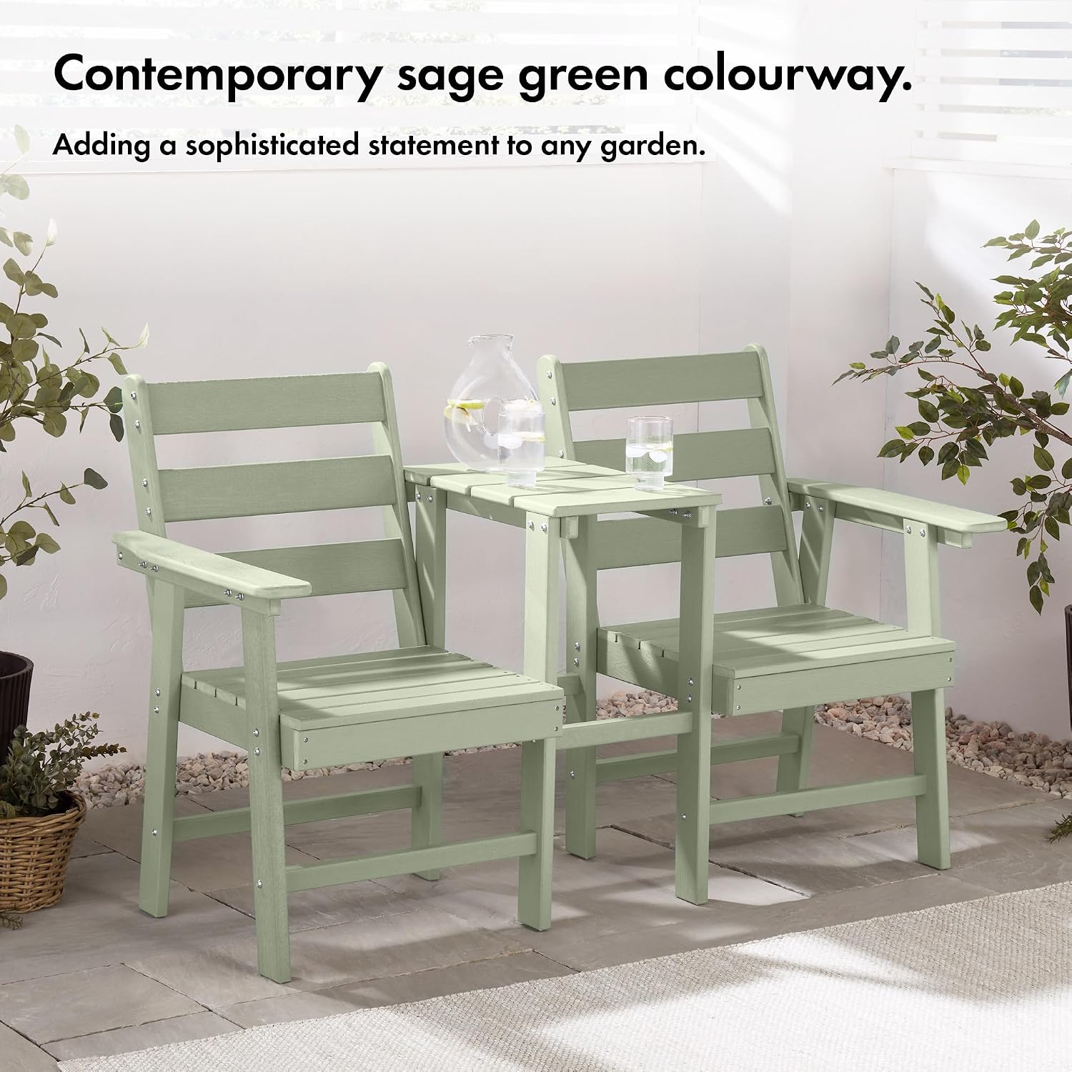 Seat for Garden - 2 Seater Sage Green Jack &amp; Jill Loveseat Patio Set - 2 Person HDPE Companion Set with Built-in Parasol Hole for Terrace