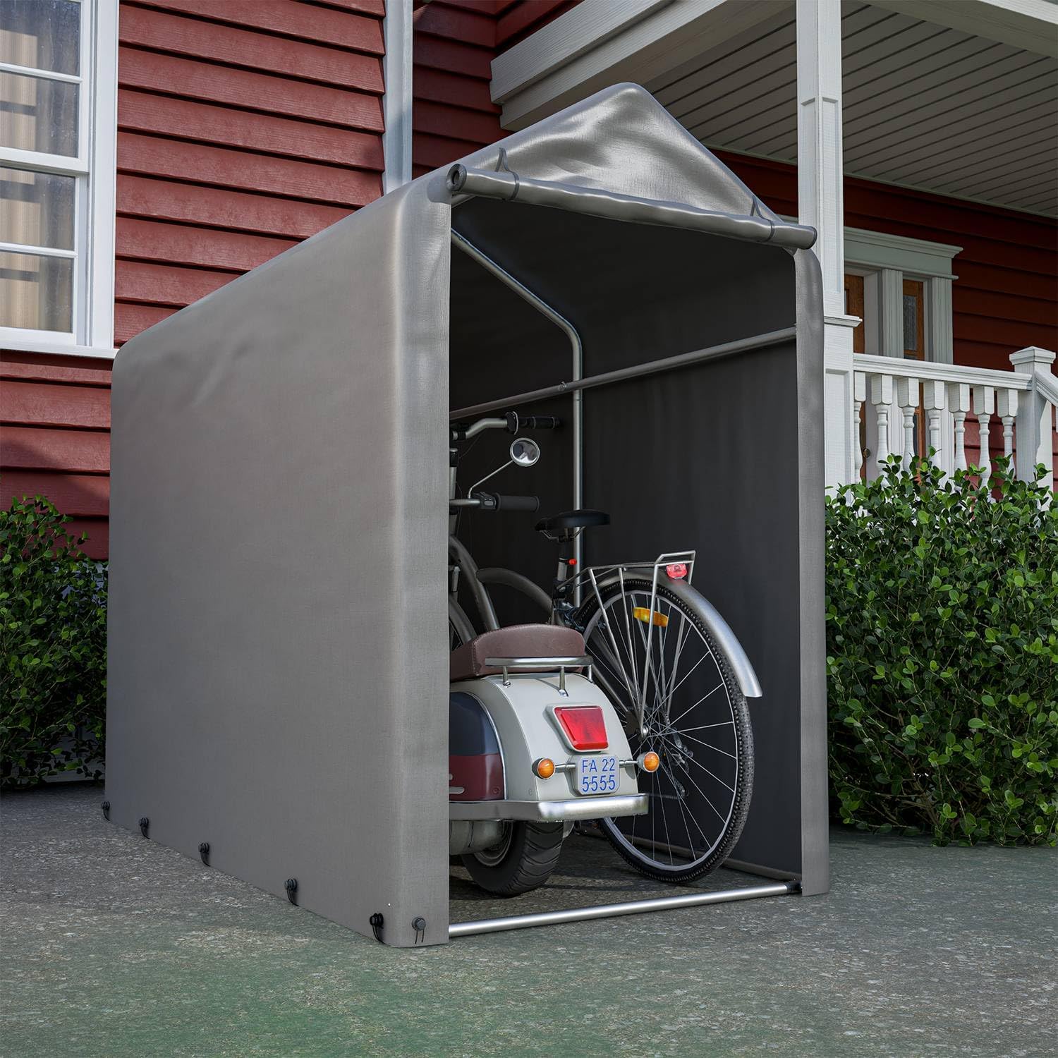 1.8M*1M Garden Waterproof Anti-UV Bike Storage Tent Bicycle Motorcycle Shed Shelter Outdoor Backyard Steel Frame PE Cover Zipper Door Small Grey
