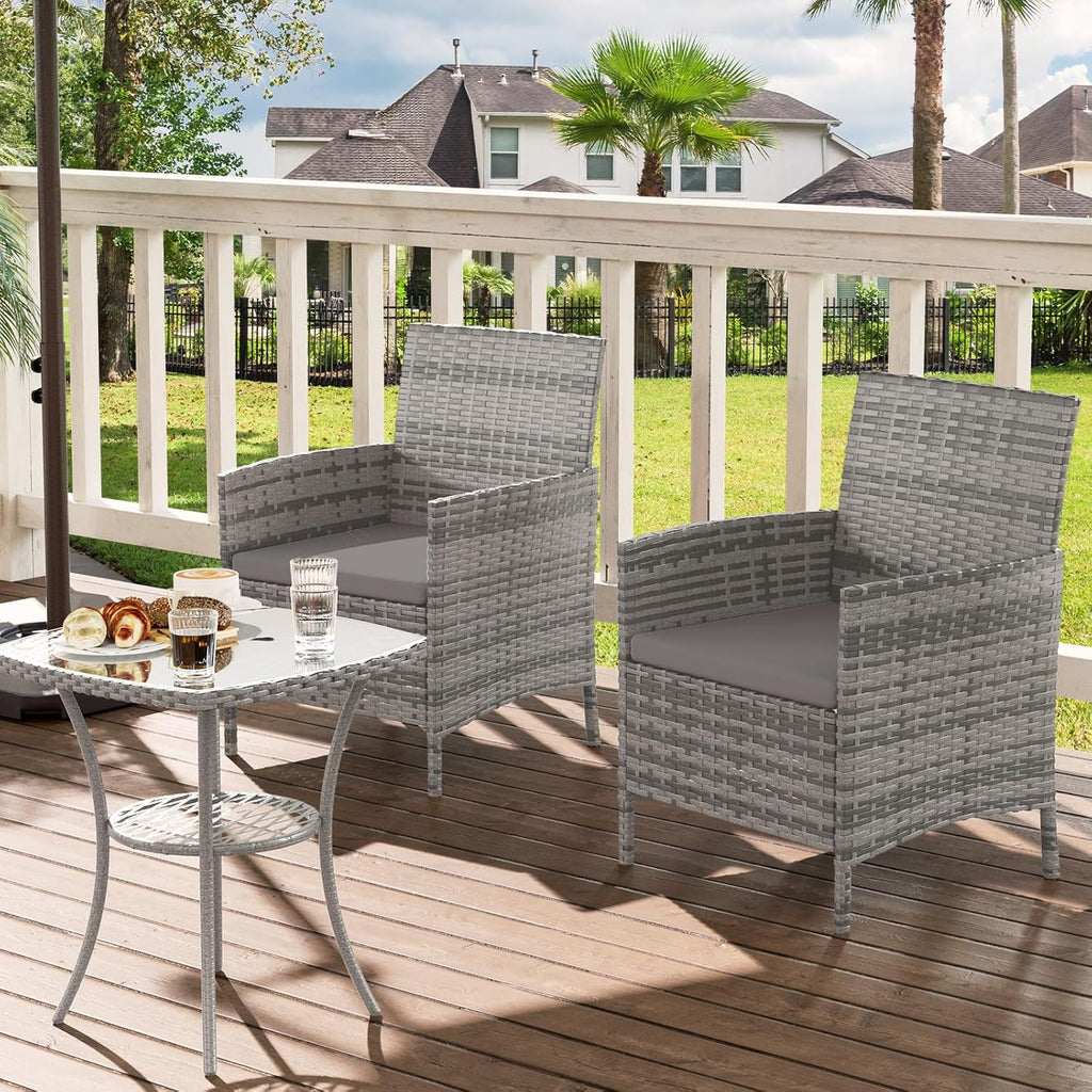 Garden Furniture Set 3 PCS Rattan Patio Conservatory Outdoor Bistro Set Patio Weave Companion Chair Table Set Grey