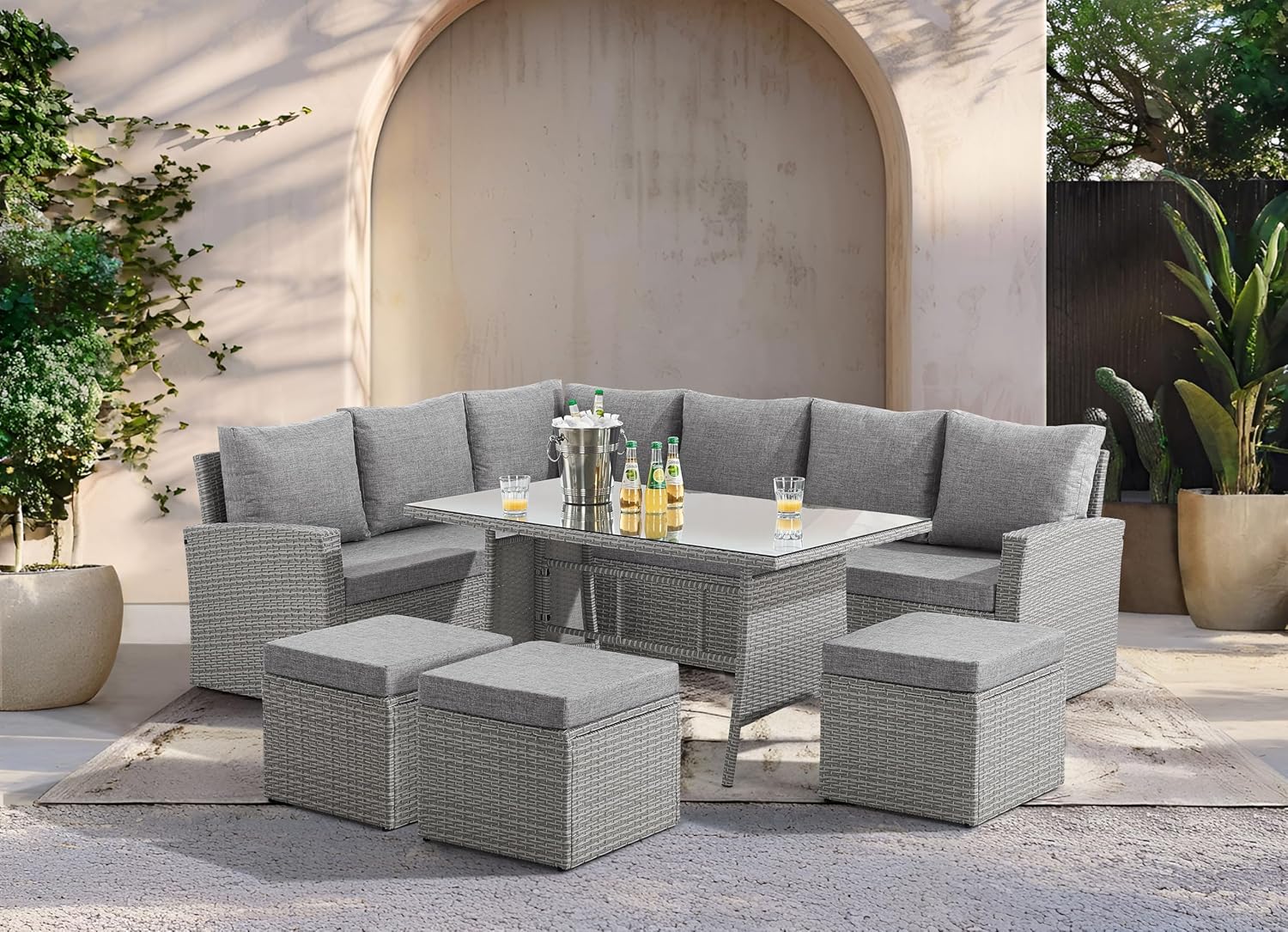 9 Seat Marilyn Corner Sofa &amp; Dining Rattan Garden Furniture Set for Indoor Outdoor Patios Gardens Conservatories (Mountain Grey)