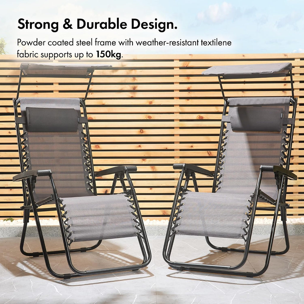 Chairs with Canopy Set of 2 - Grey Reclining Sun Loungers for Garden - Textilene Folding Sunloungers with Adjustable Sun Shade - 2 Set Deck Chairs for Outdoor