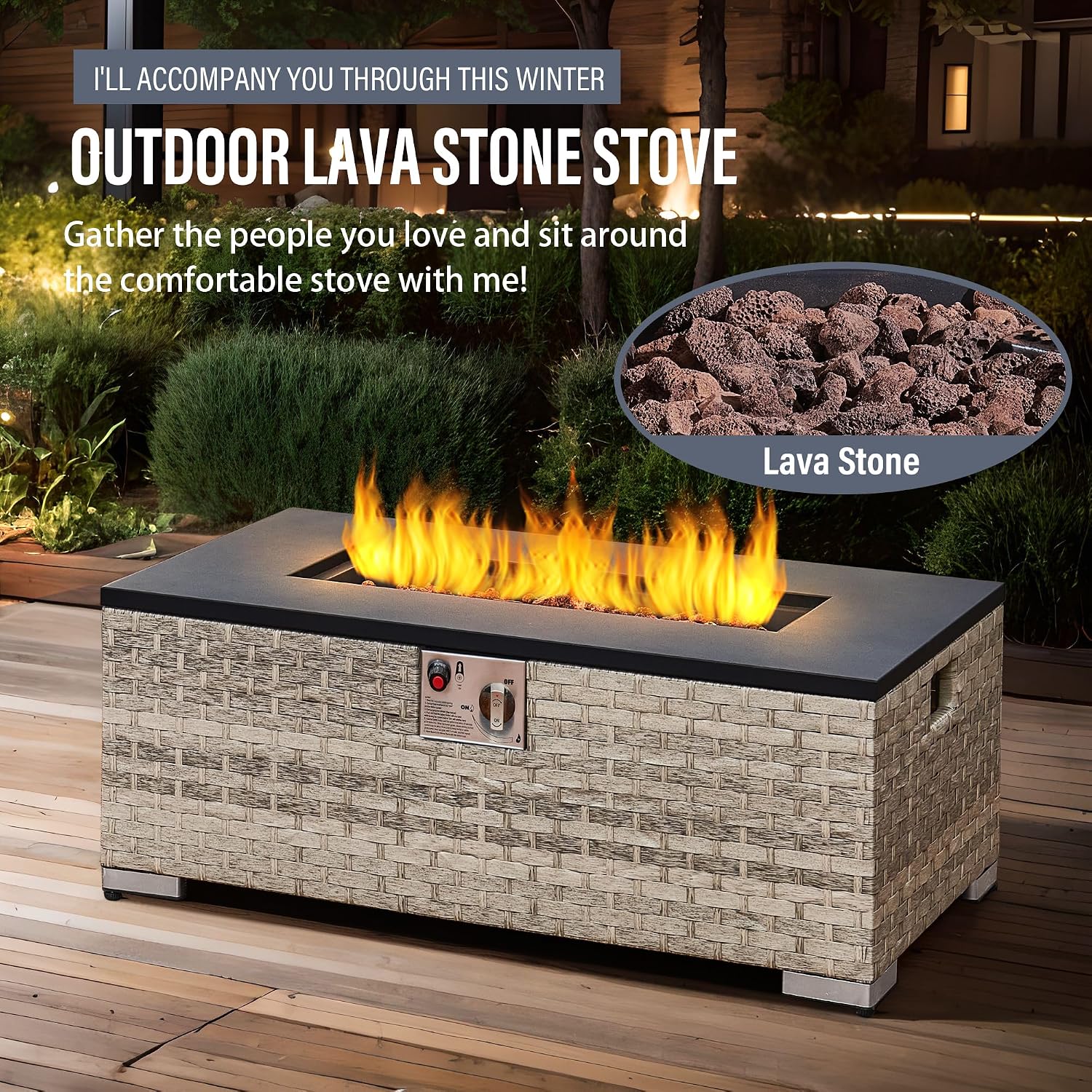 6-Seater Rattan Garden Furniture,Outdoor Sectional Sofa Set with Fire Pit Table,Grey Wicker with White Cushions