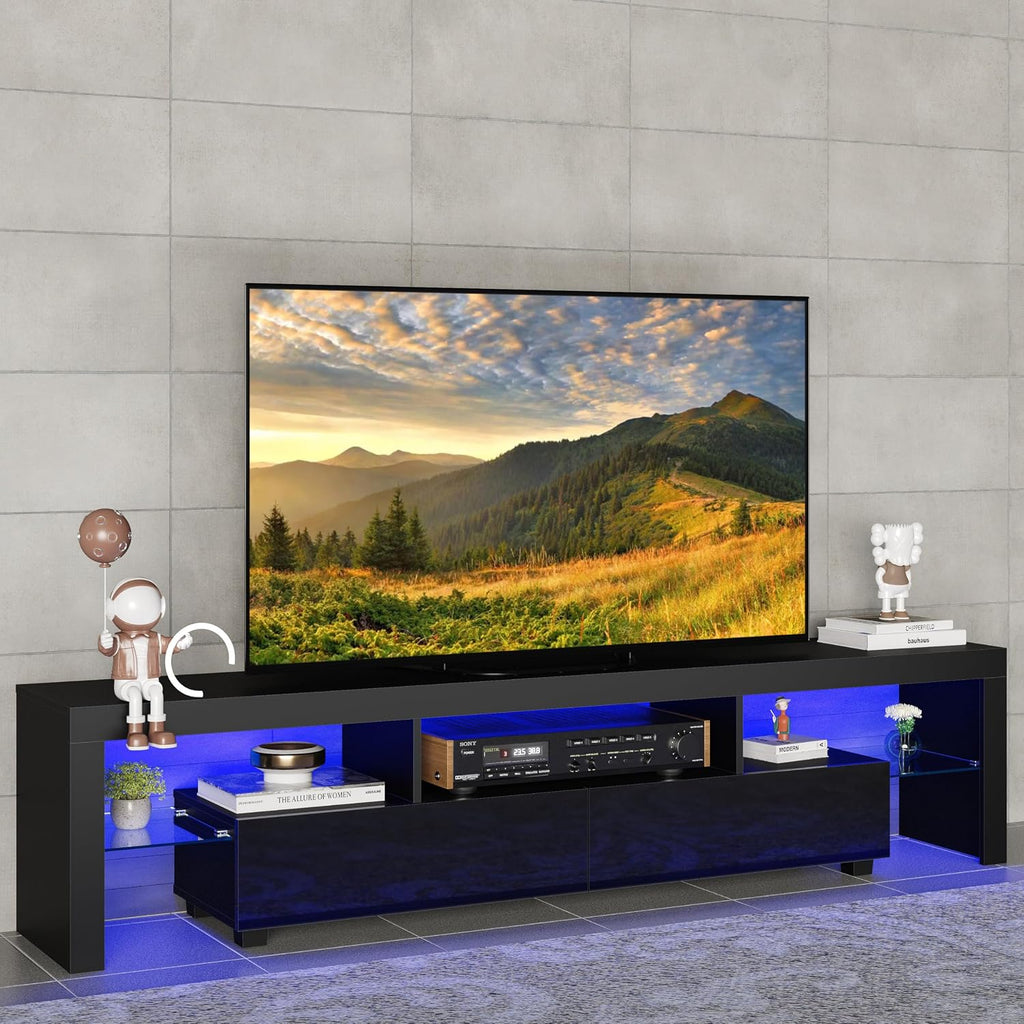 Modern White 200CM TV Unit Stand for 65 to 85 inch TV With RGB LED Lights High Gloss Door TV Stand Living Room Furniture TV Cabinet (Black)