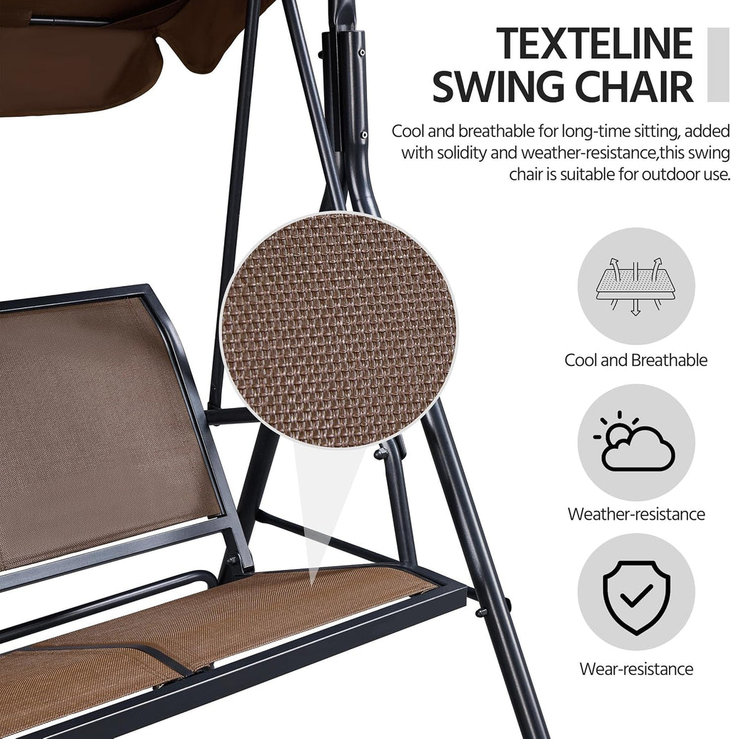 Swing Chair 3-Seat Outdoor Patio Sunset Hanging Swing w/Texteline Fabric &amp; Adjustable Canopy &amp; Armrests