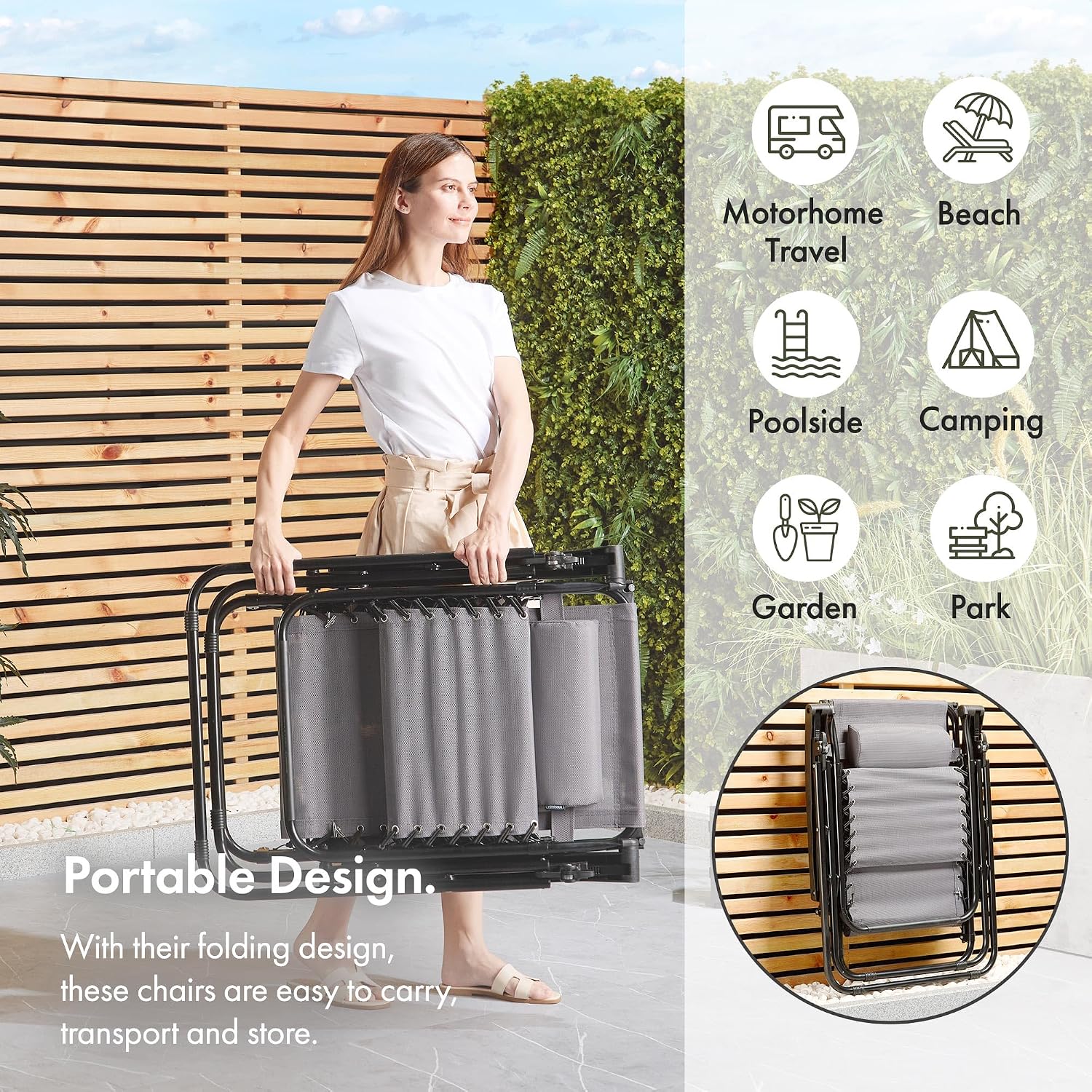 Chairs with Canopy Set of 2 - Grey Reclining Sun Loungers for Garden - Textilene Folding Sunloungers with Adjustable Sun Shade - 2 Set Deck Chairs for Outdoor