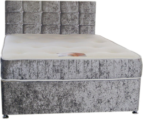 4FT6 Double Silver Crushed Velvet Divan Bed Set Including Luxurious Memory Foam Mattress And Dimante Headboard