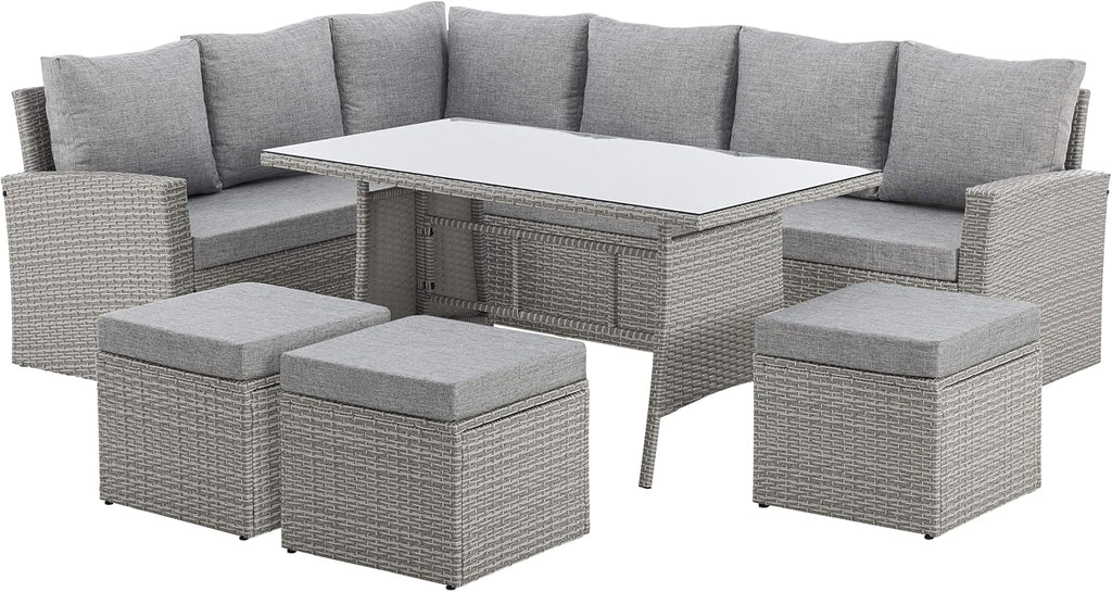 9 Seat Marilyn Corner Sofa &amp; Dining Rattan Garden Furniture Set for Indoor Outdoor Patios Gardens Conservatories (Mountain Grey)