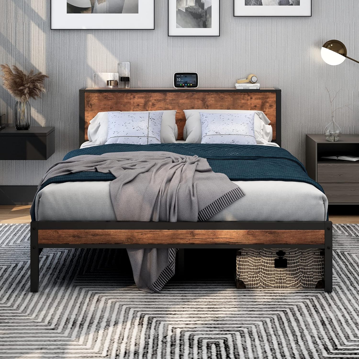 King Size Bed Frame with Storage Wooden Headboard