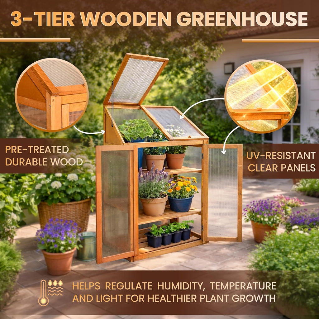 Garden Mile Large 3 Tier Wooden Garden Greenhouse - 120cm Heavy Duty Transparent Polycarbonate Greenhouse - Cold Frames For Garden with 3 Storage Shelves