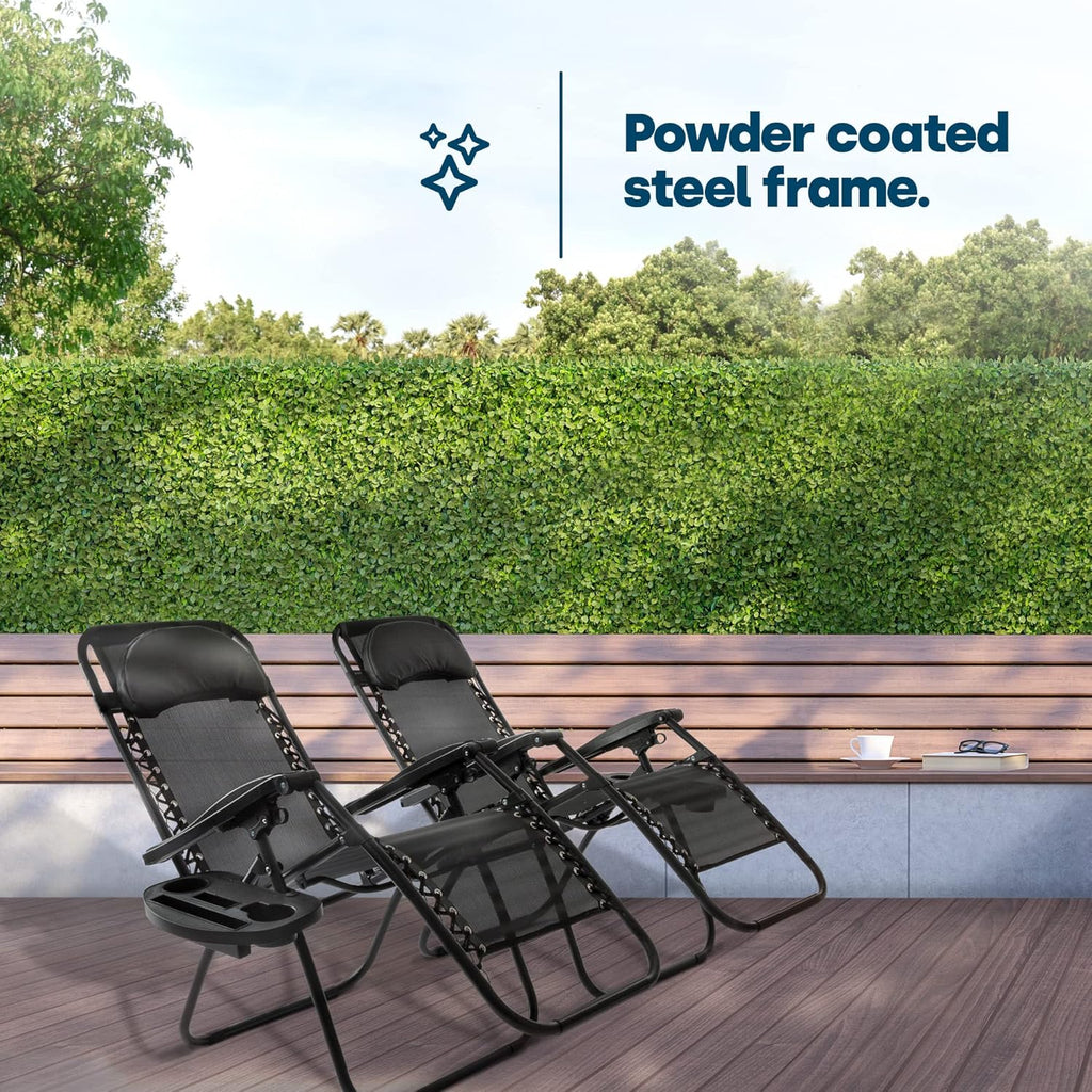 Set of 2 Sun Lounger Garden Chairs - Lightweight Zero Gravity Recliner Chairs with Clip-On Side Tray &amp; Adjustable Headrest - Foldable Sunloungers - Outdoor Chair Sunbed (Black)
