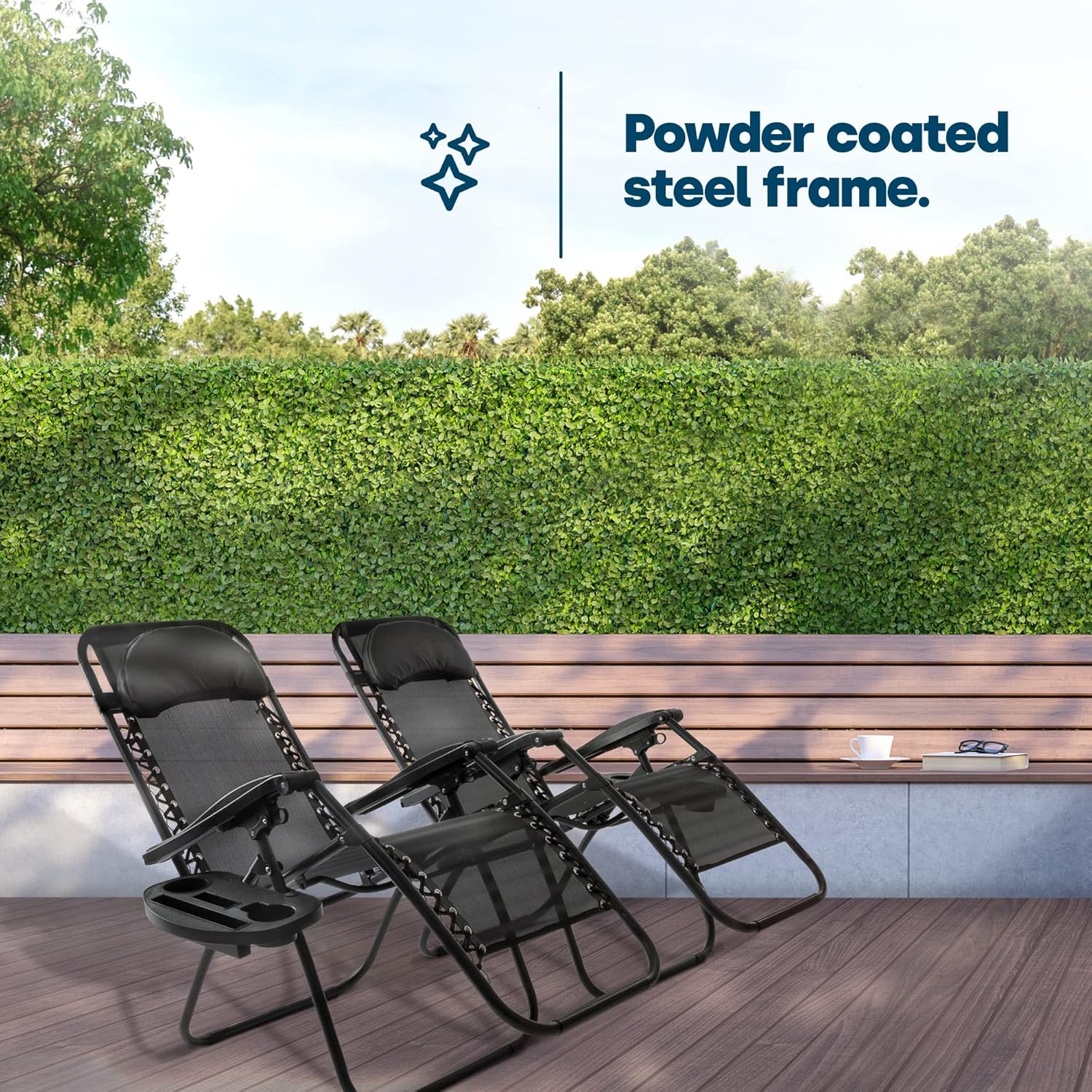 Set of 2 Sun Lounger Garden Chairs - Lightweight Zero Gravity Recliner Chairs with Clip-On Side Tray &amp; Adjustable Headrest - Foldable Sunloungers - Outdoor Chair Sunbed (Black)