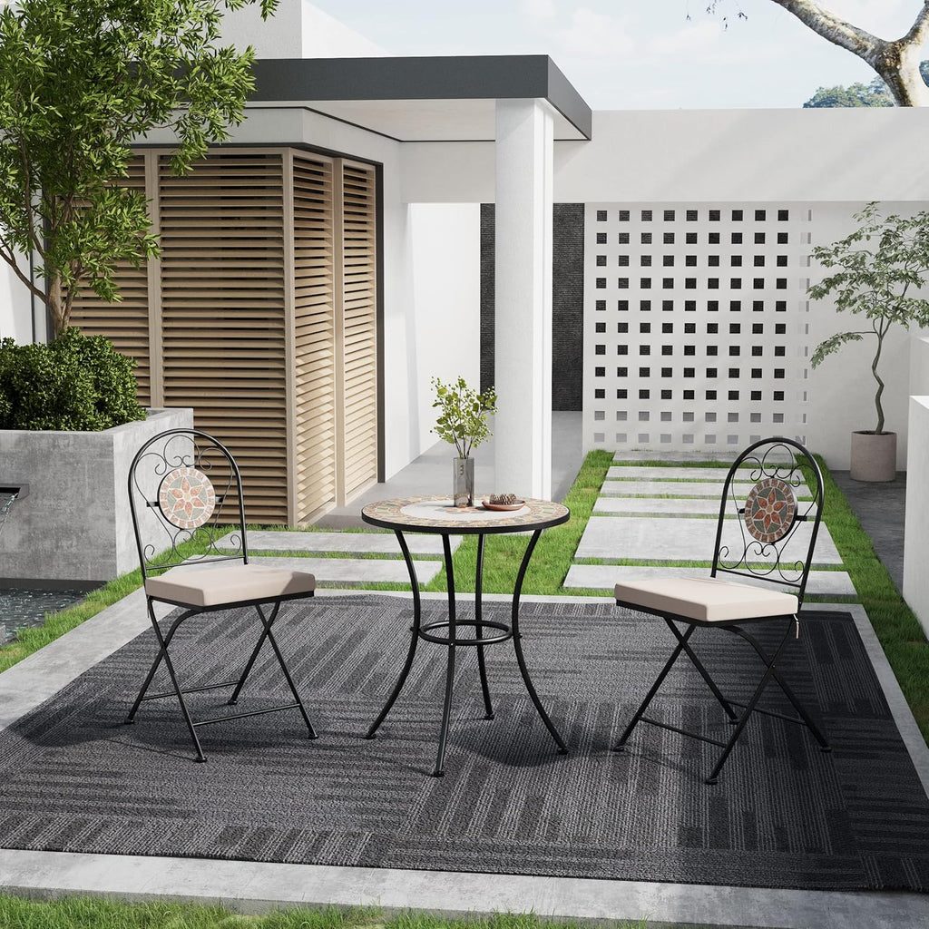 Set Mosaic Table and Chairs Garden Dining Table 2 Folding Chairs with Cushion Outdoor Coffee Table and Metal Chair Seat for Balcony